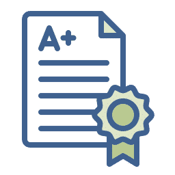 Un document scolaire A+ est illustré avec un sceau de validation bleu et vert, évoquant un bulletin ou rapport académique certifié.