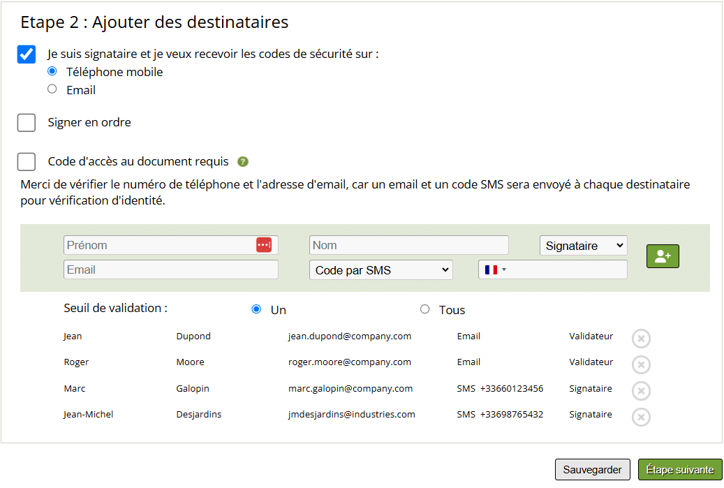 L'interface LiveConsent affiche l'étape 2 pour ajouter des destinataires, avec choix SMS ou email, seuil de validation et liste de signataires.