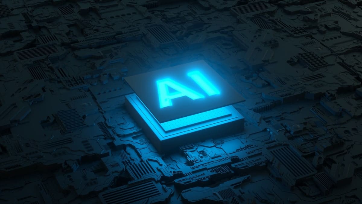 Une puce IA lumineuse ressort au centre d'une carte électronique sombre, évoquant la cybersécurité, la signature électronique et la conformité en 2025.
